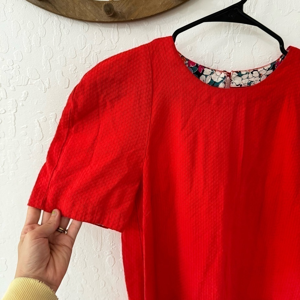 Anthropologie Red Floral Trim Textured Maeve Rousseau Flounced Dress 2 - Picture 5 of 15